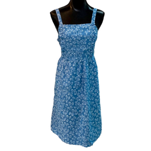 LE Kate Women's Denim Floral Blue Tie Back Sleeveless Cottagecore Midi Dress XL